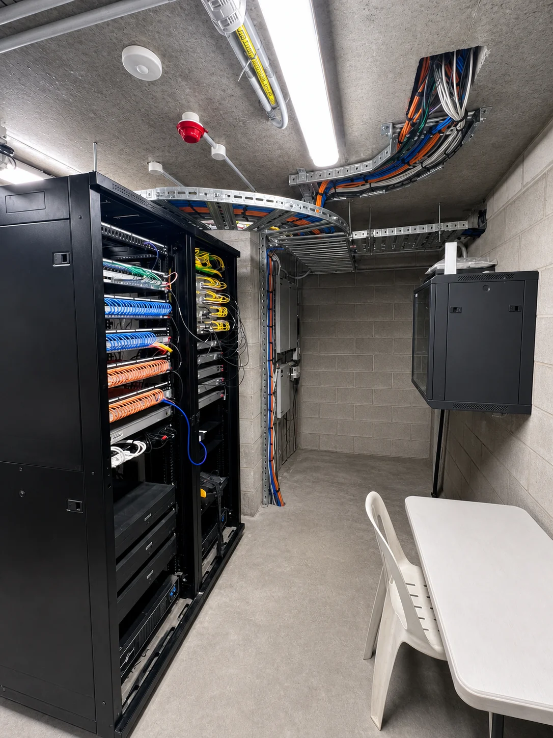 Communications room with racks, cable trays and installed network equipment.