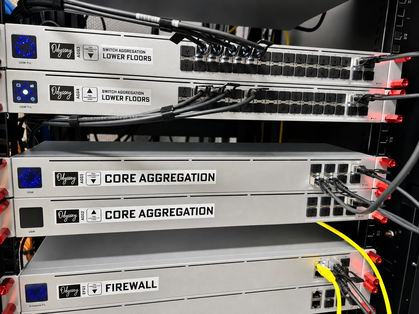 Labelled Odyssey core aggregation and firewall equipment.