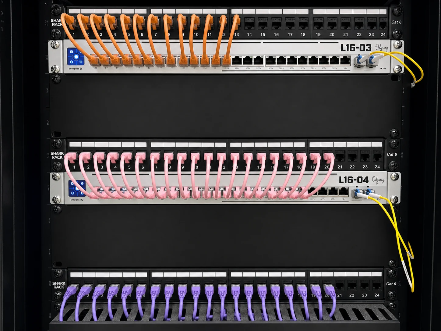 Switching and patch panels with structured colour-coded cabling.
