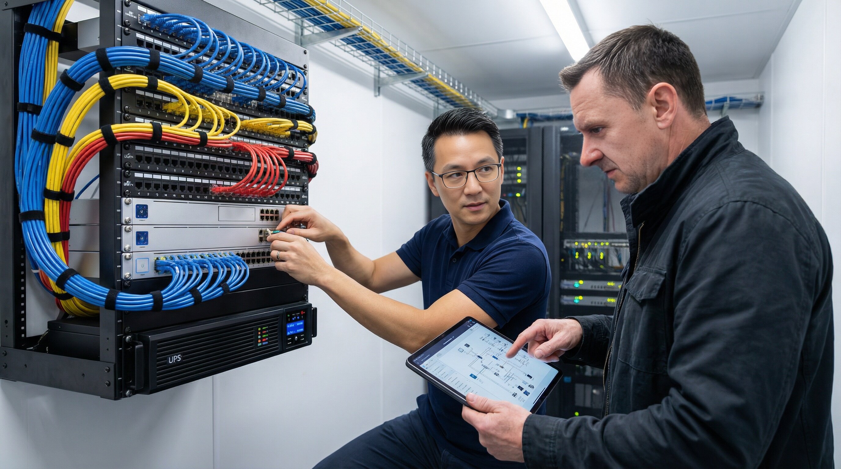Scott and Daniel working on network equipment